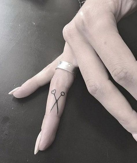 Minimalist Scissor Tattoo on Finger. Small Scissor Tattoo, Sissor Tattoo, Scissor Tattoo, Bow Finger Tattoos, Hairdresser Tattoos, Arrow Tattoo Finger, Flower Finger Tattoos, Hairstylist Tattoos, Finger Tattoos For Couples