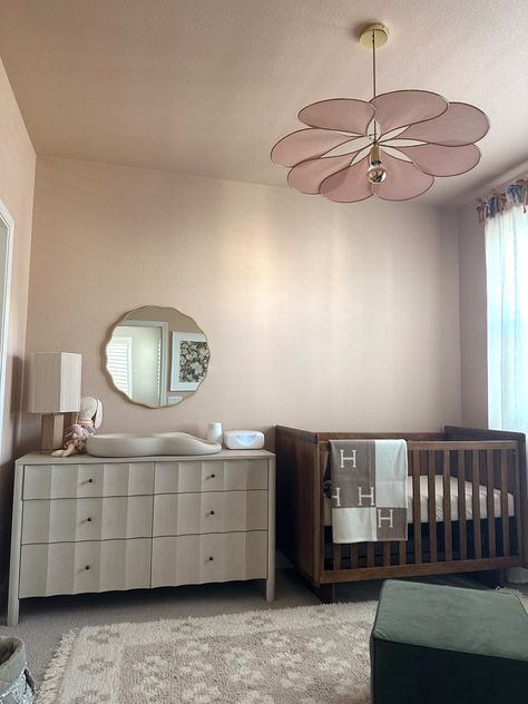 Girl Nursery Pink Walls, Beige Mom Nursery, Pink Ceiling Nursery, Dark Pink Nursery Walls, Baby Girl Nursery Aesthetic, Limewash Baby Nursery, Modern Pink Nursery, Small Girl Nursery Ideas, Pink Limewash Wall Nursery