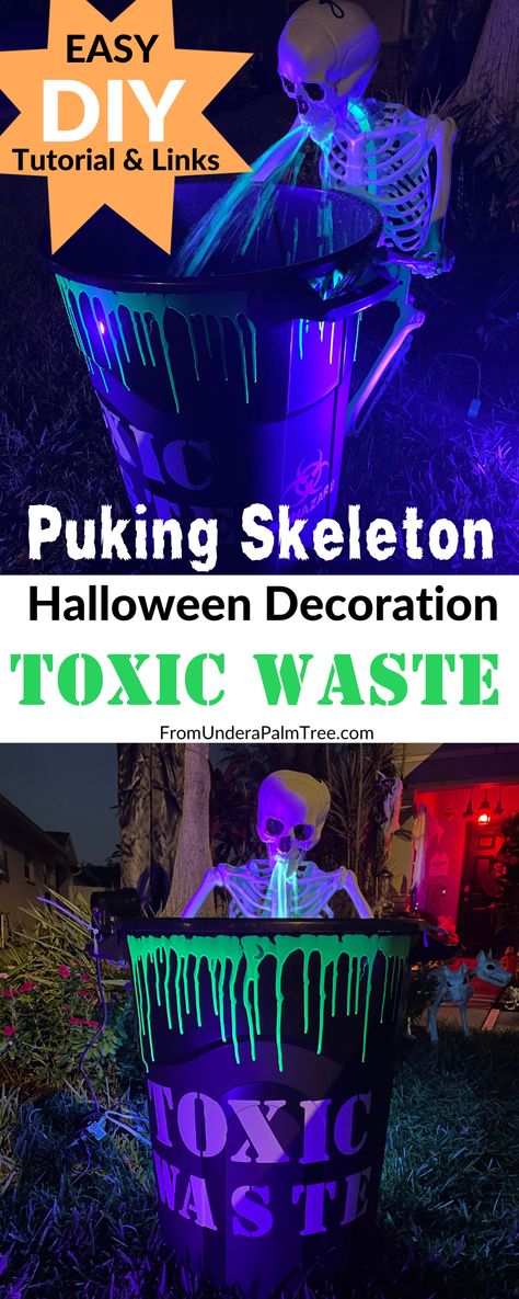 DIY Puking Skeleton Halloween Decoration > From Under a Palm Tree Skeleton Fountain Diy, Diy Skeleton Throwing Up, Puking Skeleton Decoration Diy, Skeleton Puking In Barrel, Toxic Waste Skeleton, Diy Toxic Waste Barrel Skeleton, Skeleton Throwing Up In Barrel, Puking Skeleton Decoration, Diy Halloween Skeleton Decorations