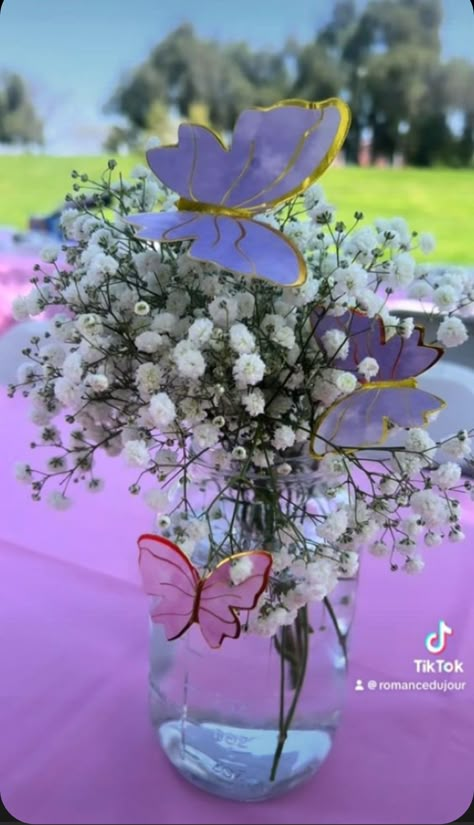 Purple Butterfly Bday Theme, Butterfly Branch Centerpiece, Butterfly Party Ideas Decorations, Purple Birthday Theme For Baby Girl, Butterfly Prom Theme, Lavender Baby Shower Centerpieces, Purple Butterfly Party Ideas, Enchanted Forest Butterfly Theme, Butterfly Birthday Theme Ideas