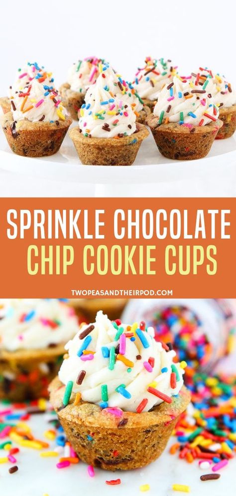 Earn major mom points with these fun mini cookie cups! Sprinkle Chocolate Chip Cookie Cups topped with frosting are a delicious dessert for parties, potlucks, or just because! Follow this recipe to know how to make this simple sugary treat! Mini Cookie Cups, Birthday Dinner Recipes, Birthday Dinner Ideas, Cupcake Recipes For Kids, Chocolate Chip Cookie Cups, Cookie Cups Recipe, Dessert Party, Quick Easy Desserts, Easy Meals For Kids