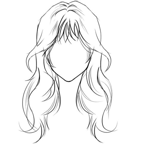 Hair Reference Girl Drawing, Wavy Long Hair Drawing, Female Hair Sketch Reference, Woman Hair Sketch, Drawing Reference Poses Hair, Hair Bases Drawing Female, Drawn Hairstyles Female, Sceches Drawing Girl, Long Hair With Bangs Drawing Reference