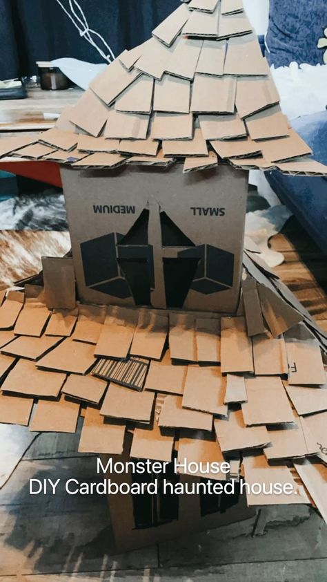 Diy Cardboard Haunted House, Cardboard Haunted House Diy, Cardboard Haunted House, Monster House Movie, Halloween Cubicle, Treat Boxes Diy, Halloween Decorations Diy, Monster Decorations, Haunted House Diy