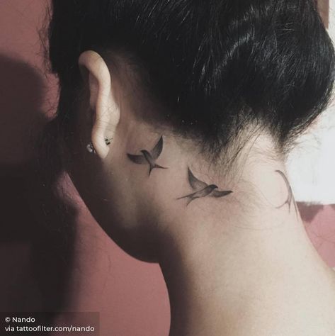 Three swallow tattoos behind the left ear and back of the neck. Bird Tattoo Behind Ear, Tattoo Plume, Swallow Tattoo Design, Full Neck Tattoos, Bird Tattoo Back, Little Bird Tattoos, Small Neck Tattoos, Bird Tattoos For Women, Side Neck Tattoo