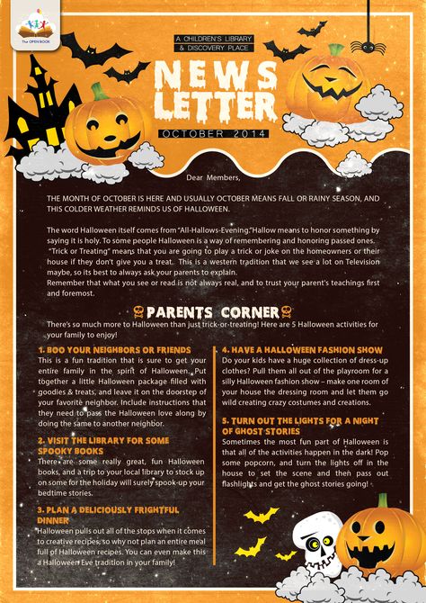 The Open Book Newsletter October 2014 (1) Halloween Newsletter, Halloween Mural, October Newsletter, Preschool Newsletter, Newsletter Ideas, Childrens Library, Boo Basket, Enjoy Reading, Open Book