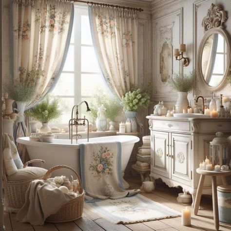 French Country Bathroom Curtains, French Country Bathroom Decor Ideas, Country Style Bathroom Ideas, French Country Master Bath, French Country Cottage Bathroom, French Bathroom Decor Vintage, Country French Bathroom, Sims Farm, French Cottage Bathroom Ideas