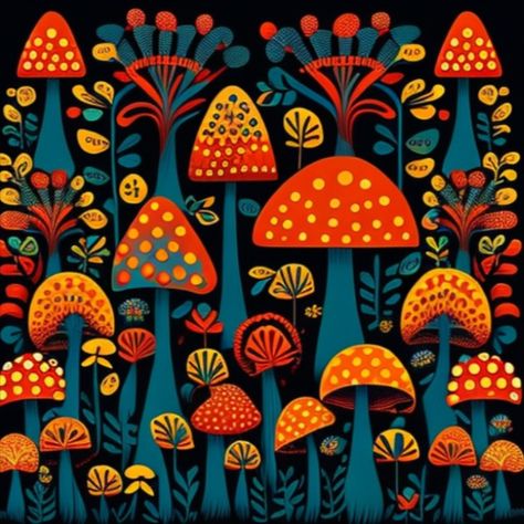 Russian Folk Art Pattern, Colorful Folk Art, New Mexican Art, Folk Art Elements, Autumn Folk Art, Mushroom Folk Art, Whimsical Mushroom Art, Psychadelic Art Patterns, Folk Art Color Palette