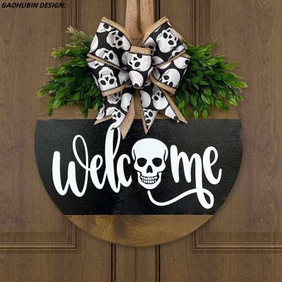 Our horror welcome sign for front door you should leave sign home decor is made of quality wood and all signs are handmade, thick and sturdy. | The Holiday Aisle® Halloween Skull Welcome Sign for Front Door Porch Decor, Wood in Black / Brown / Green | Wayfair Porta Halloween, Halloween Houses, Spooky Diy, Door Hanging Decorations, Halloween Front Doors, Wreath Wall Decor, Halloween Door Hangers, Door Signs Diy, 2023 Halloween