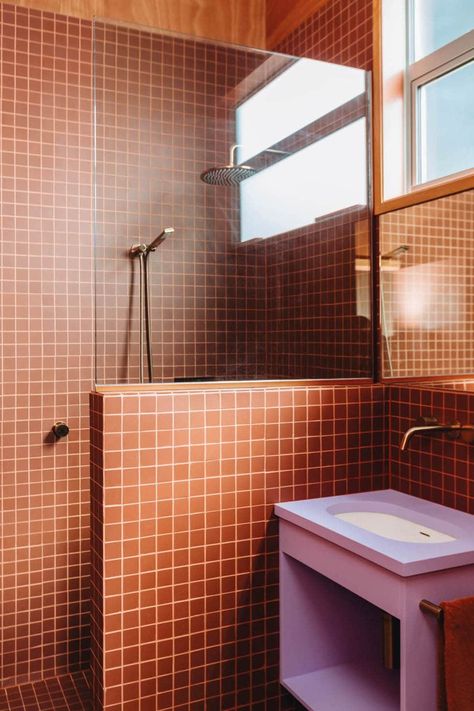 homestyle | Homer Martinborough, made with Modhouse Mid Century Bathroom Renovation, Commune Design Bathroom, Retro Bathroom Design, Bathroom Ideas Orange, Farmhouse Modern Bathroom, 70’s Bathroom, Shower With Window, Small Vintage Bathroom, Terracotta Bathroom