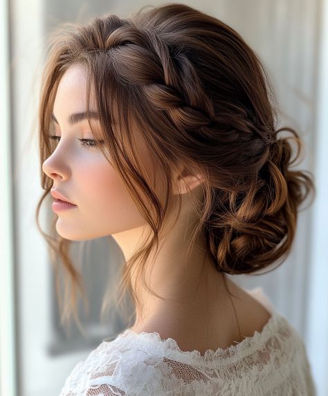 👑 Glamorous Braids Updo Hairstyle: Elegant Updo Hairstyles Brown Hair Look Bun With Braid, Brown Bridal Updo, Braided Updo Asian Hair, Intricate Updo Hairstyles, Rope Braid Updo Messy Buns, Ethiopian Hair, Quick Hairstyles For School, Intricate Braided Updo, Whimsical Hair