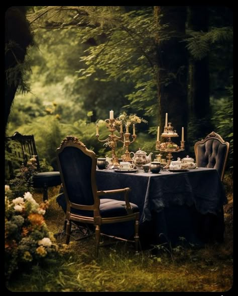 Victorian Garden Aesthetic Dark, Creepy Garden Aesthetic, Gothic Alice In Wonderland Tea Party, Dark Academia Aesthetic Party, Dark Fairytale Decor, Gothic Garden Party, Secret Garden Aesthetic Dark, Dark Academia Tea Party, Dark Tea Party Aesthetic