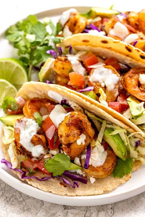 Shrimp Tacos Recipe with Sauce - Jessica Gavin Airfryer Fish, Easy Air Fryer Shrimp, Air Fryer Shrimp Tacos, Shrimp Tacos With Mango Salsa, Best Shrimp Taco Recipe, Ninja Airfryer, Shrimp Tacos Recipe, Tacos With Mango Salsa, Mexican Feast