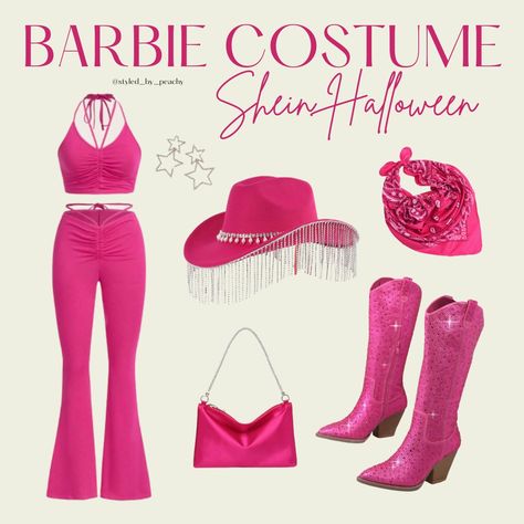 barbie cowboy halloween pink style fashion outfit cowgirl rhinestone boots cute theme Barbie Inspired Outfits Cowgirl, Barbie Costume Aesthetic, Barbie Outfits Cowgirl, Fall Barbie Outfits, Barbie Homecoming Theme Outfit, Pink Halloween Costumes Ideas, Hot Pink Halloween Costume, Barbie Cowgirl Outfit, Cowboy Barbie Costume