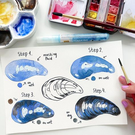 Anna Koliadych | Happy Friday 🦪🥰🎨! How to paint a mussel shell using #watercolor 🥰. #watercolortutorial #stepbystep #arttutorial #painting… | Instagram Croquis, Painting Instagram, Brush Pen Art, Learn Watercolor Painting, Mussel Shell, Seashell Painting, Learn Watercolor, Watercolor Projects, Watercolor Art Lessons