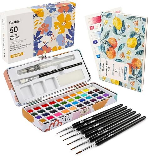 Amazon.com: Grabie Watercolor Paint Set 50 Colors in Portable Box with Water Color Pallet, Watercolor Papers and Brushes, Ideal for Adults, Artists and Hobbyists Watercolor Painting Supplies, Artist Wishlist, Grabie Watercolor, Watercolor Pallet, Art Supplies Gift, Water Brush Pen, Tiny Room, Cute School Stationary, Artist Supplies