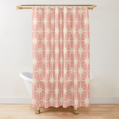 Get my art printed on awesome products. Support me at Redbubble #RBandME: https://www.redbubble.com/i/shower-curtain/Atomic-Age-1950s-Retro-Starburst-Pattern-in-Cream-and-Blush-Pink-by-kierkegaard/63861187.YH6LW?asc=u Blush Pink Shower, Mcm Bathroom, Vintage Shower Curtains, Pink Shower Curtain, Girls Shower Curtain, Pink Shower Curtains, Pink Showers, Cool Shower Curtains, 1950s Retro