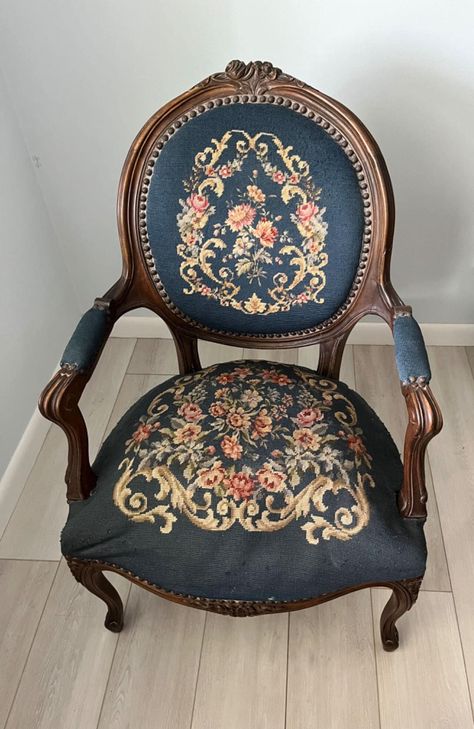 "This is a charming French armchair, old finish in very fine condition. Features: -Hand carved details on top and legs in Victorian style -Beautiful floral needlepoint upholstery with intricate petit point panels -Sculpted solid fruitwood frame -Brass nailhead trim -Comfortable seat with springs Age: Circa 1800s Dimension: Overall   24\"W*37\"H**24.5''D Seat height: 19\"h Seat cushion in total: 24\"w x 20\"d (~20\"w between arms) Back width (center): 18\"w At feet: 23.5\"w x 17\"d Condition: Overall in excellent condition for an antique piece. Only minor wears in fabric and wood frame.  More pictures are available on request. This is a great addition to any collection and is a piece of history that should not be missed! We offer Lower Flat Rate Fast Shipping within continental USA. And we Antique Accent Chair, Victorian Furniture Decor, Victorian Chairs, French Armchair, Victorian Armchair, Cafe Vibes, Floral Needlepoint, Parlor Chair, Victorian Chair