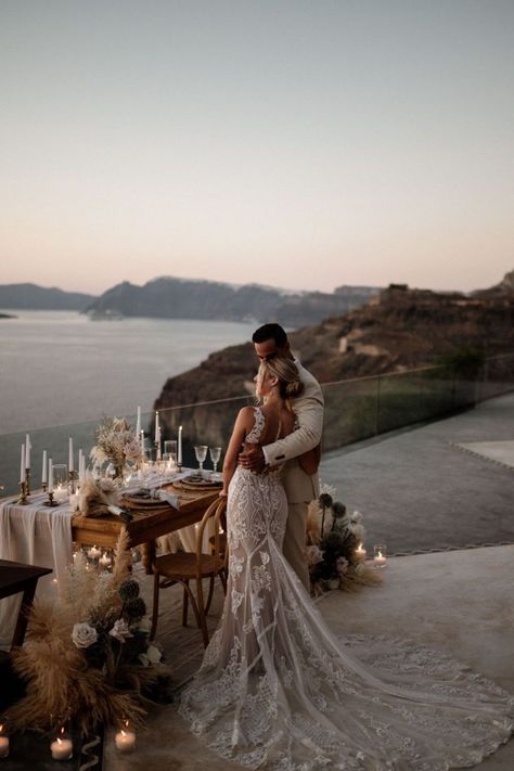 Romantic Wedding Elopement, Greek Elopement Santorini, Wedding Dresses For Destination Wedding, Paros Greece Elopement, Greece Wedding Elopement, Greece Wedding Photoshoot, Small Wedding Greece, Eloped Aesthetic, Elopement Ideas Greece