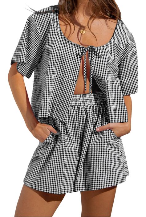 PRICES MAY VARY. ♦Material: Polyester blend. Women plaid 2 piece pajama shorts set made by high quality fabric, lightweight, breathable, skin-friendly, plaid shorts pj set for women, gingham two piece shorts sets, offer comfy wearing experience. ♦Features: Puff sleeve babydoll blouse, with cute bow tie, open front, tie up peplum shirt, half sleeve plaid shirt blouse, loose fit, short sleeve 2 piece pj sets. Short sleeve lounge sets, women y2k two piece summer outfits, y2k 2 piece loungewear, y2k Manche, Ruffle Aesthetic, Short Sleeve Plaid, Elastic Waist Shorts, Plaid Shorts, Cute Bows, Patterned Shorts, Shorts With Pockets, Release Date