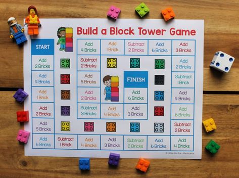 LEGO Tower Board Game (Free Printable) | Little Bins for Little Hands Board Game Club, Lego Board Game, Lego Tower, Lego Therapy, Lego Camp, Lego Math, Math Board Games, Lego Challenge, Printable Board Games