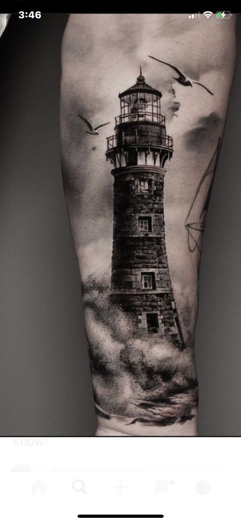 Ship And Lighthouse Tattoo Sleeve, Mens Lighthouse Tattoo Sleeve, Lighthouse Tattoo Men Leg, Lighthouse Tattoo Back Of Arm, Creepy Lighthouse Tattoo, Lighthouse Tattoo Chest, Realism Lighthouse Tattoo, Lighthouse Shin Tattoo, Lighthouse And Waves Tattoo