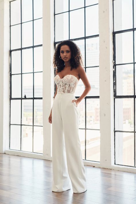 Shop Bridal Dresses at Luv Bridal, Phoenix Wedding Dress Jumpsuit, Bride Jumpsuit, Edgy Bridal, Bridal Showroom, Madi Lane, Women Suits Wedding, Bridal Shower Outfit, Mini Bow, Bridal Jumpsuit