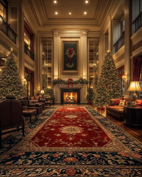 Merry Christmas | A hotel lobby with a warm fireplace and the hotel room 🎄🎄 * * * * * * This image belongs to me. Please credit me for reposting… | Instagram Christmas Mansion Interior, Christmas Hotel Room, Christmas Hotel Decorations, Christmas Hotel Lobby, Plaza Hotel Christmas, Christmas House Interior, Hotel Christmas Decor, Hotel Christmas Tree, Christmas Decorations Aesthetic