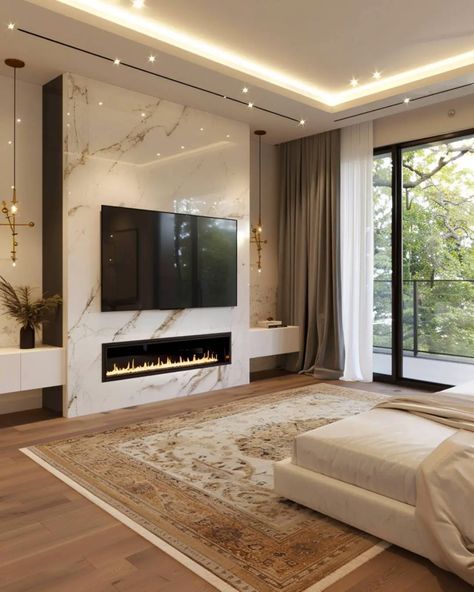 42 Bedroom Fireplace Decor with TV Ideas - Home Soils Fireplace Wall Ideas With Tv And Windows, Bedroom Linear Fireplace, Tv Unit Fireplace Modern, Standalone Fireplace Living Rooms, Fireplace With Two Windows, Tile Tv Wall Ideas, Fireplace In Wall Between Rooms, Tv Wall With Fireplace Ideas, Fireplace In Master Suite