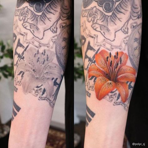 Tiger Lily Tattoos, Lily Flower Tattoos, Bts Tattoos, Friendship Tattoos, Lily Tattoo, Tattoo Cover, 1 September, Tattoo Cover-up, S Tattoo