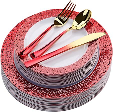 Amazon.com: FOMOICA Red Plastic Plates and Red Gold Silverware - 125 Piece Disposable Premium Plastic Dinnerware Set – Dinner Plates, Forks, Spoons, Knives – Birthday Parties, Wedding, Halloween, Christmas : Health & Household Gold Plastic Silverware, Gold Plastic Plates, Plastic Dinnerware Sets, Gold Silverware, Disposable Plastic Plates, Blue Dinner Plates, Plastic Silverware, Red Plates, Gold Cutlery