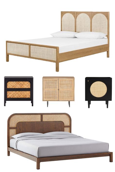 Round up of the best cane furniture for your bedroom - caned headboard and nightstands with caned drawers. Caned Furniture, Hipster Home Decor, Hipster Home, Cane Dining Chairs, Caned Headboard, Cane Furniture, Table Decor Living Room, Home Design Living Room, Bedroom Headboard