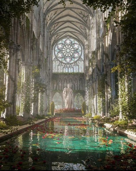 Beautiful Castle Aesthetic, Fantasy Cathedral Interior, Fantasy Landscape Design, Maze Garden Aesthetic, Overgrown Castle Aesthetic, Pavillion Aesthetic, Fantasy Place Aesthetic, Hidden World Aesthetic, Elfpunk Aesthetic