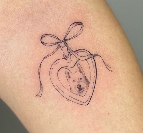 Angel Puppy Tattoo, Tattoos Dogs Ideas, Locket Tattoos Dog, Dainty Pet Tattoos, Small Dog Portrait Tattoo, Dog Locket Tattoo, Pet Locket Tattoo, Tattoo Ideas For Dogs That Have Passed, Pet Tattoos Dog Memorial