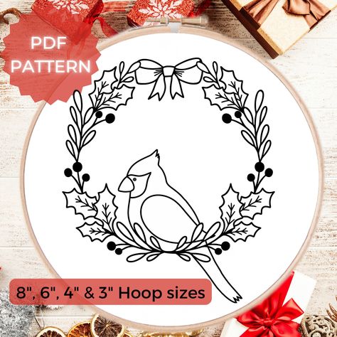 Cardinal Embroidery, Christmas Wreath Embroidery, Hand Embroidery Christmas, Christmas Draw, Embroidery Towels, Cardinal Wreath, Bird Embroidery Pattern, Modern Hand Embroidery, Pdf Embroidery Pattern