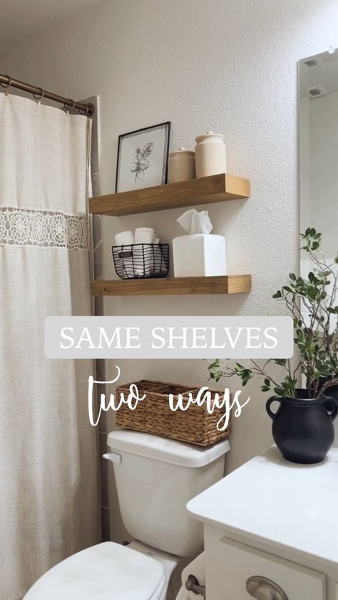 Shelves Behind Toilet, Bathroom Shelving Ideas, Shelf Decor Ideas, Small Bathroom Shelves, Above Toilet, Bathroom Wood Shelves, Shelves Above Toilet, Half Bathroom Decor, Shelves Over Toilet