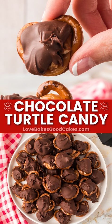 Chocolate Turtle Candy pin collage Pretzel With Chocolate Candy Melts, Turtles Candy, Chocolate Turtles, Chocolate Candy Recipes, Pretzels Recipe, Chocolate Pretzels, Christmas Candy Recipes, Candy Recipes Homemade, Chocolate Caramels