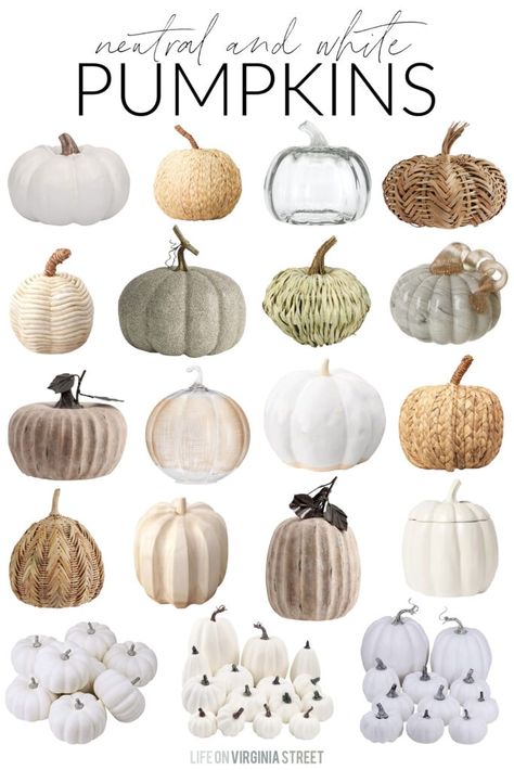 A collection of neutral and white pumpkin decor finds for a variety of decorating styles. These faux pumpkins include raffia, ceramic, plastic, wood, and more options! Halloween Door Decorations Diy, Door Decorations Halloween, Halloween Entry Table, Simple Centerpieces Diy, White Pumpkin Decor, Life On Virginia Street, Modern Fall Decor, Neutral Fall Decor, Fall Living Room