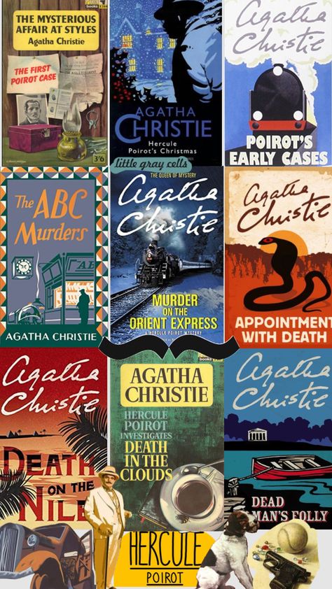 Agatha Christie Poirot, Agatha Christie Books Aesthetic, Hercule Poirot Aesthetic, Poirot Aesthetic, Art Deco Collage, Peter Ustinov, Agatha Christie's Poirot, Agatha Christie Books, Then There Were None