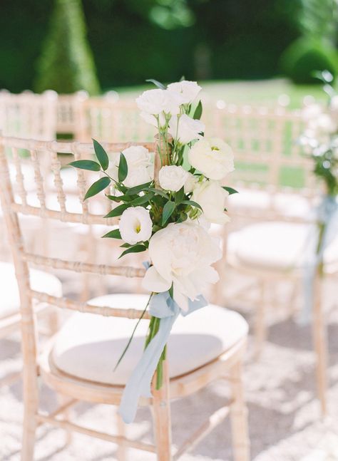 Flowers For Wedding Aisle Chairs, Greenery On Ceremony Chairs, Flowers On Ceremony Chairs, Aisle Bouquets Wedding, Wedding Aisle Chair Florals, Chair Florals Wedding, Chair Swags Wedding, Diy Wedding Pew Decorations, Wedding Chair Florals