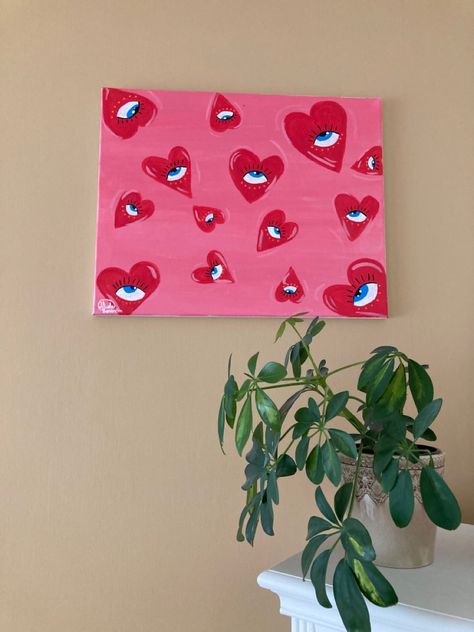 Small Canvas Art Heart, Cdg Heart Painting Canvas, I Love You Painting, Paiting Aesthetic Easy, Heart Shaped Canvas Painting Ideas, Paiting Aesthetic Ideas Easy, Diy Canvas Paintings, Heart Canvas Painting Ideas, Valentines Painting Ideas Canvases