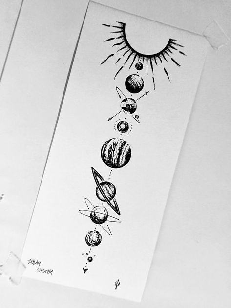 Planets Tattoo Solar System, Planets Aligned Tattoo, Space Spine Tattoo, Solar System Spine Tattoo, Solar System Tattoos, Solar System Drawing, Space Tattoo Designs, Universe Tattoos, Tattoo Future