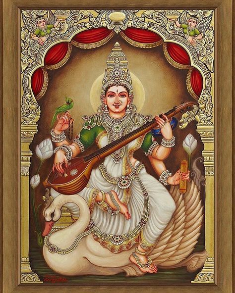 Saraswati Images, Images For Dp, Saraswati Painting, Hindu Cosmos, Maa Saraswati, Saraswati Photo, Mysore Painting, Indian Traditional Paintings, Saraswati Goddess