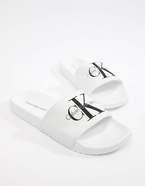 Calvin Klein Viggo Logo sliders in white Kelvin Klein, Nike Cortez Leather, White Sliders, Calvin Klein Outfits, Shoe Wishlist, Men Stylish Dress, Calvin Klein Shoes, Brogue Shoes, Gucci Fashion