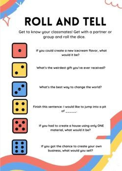 Back To School Activity - Roll and Tell #2 Dice Activity | TpT Dice Debrief, Roll The Dice Game, Sorry Game, Play Doh Activities, Parent Hacks, Partner Cards, Back To School Activity, Bored Jar, Get To Know You Activities