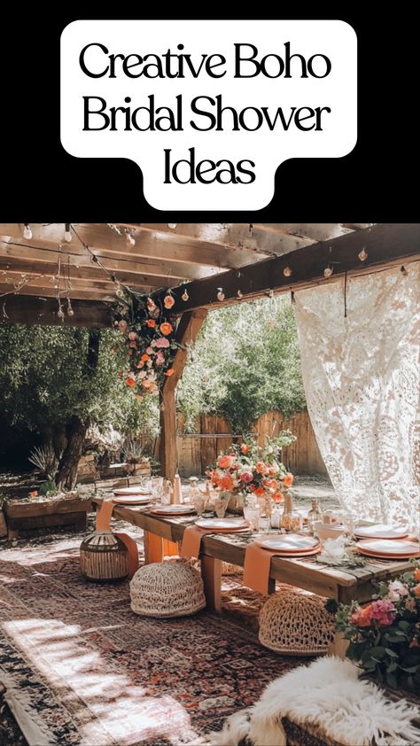 Boho bridal shower setup with rustic decorations, floral accents, and a relaxed atmosphere perfect for a free-spirited celebration. Bridal Shower Boho Theme, Whimsical Bridal Shower Ideas, Bohemian Bridal Shower Ideas, Marriage Manifestation, Boho Bridal Shower Ideas, Bohemian Bridal Shower Decorations, Rustic Bridal Shower Ideas, Bridal Shower Boho, Boho Bachelorette Party