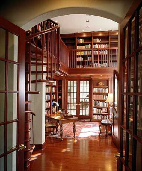 Home Library ~ 2-story with spiral staircase 2 Story Library House Plans, Two Floor Library, Master Staircase, 2 Story Library, Dream Library Home, Dream Home Library, Library Plan, Dream Library, Beautiful Library