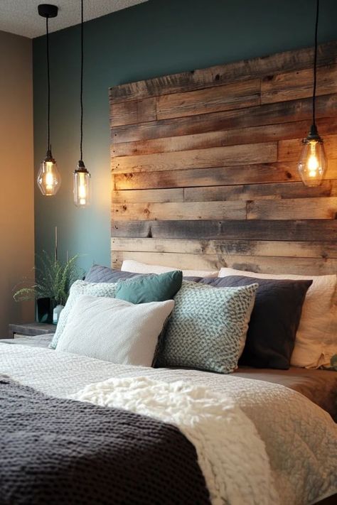 "Add rustic charm to your bedroom with a DIY Pallet Wood Headboard! 🛠️🛏️ This project is perfect for creating a unique and budget-friendly focal point. 🌟✨ #DIYHomeDecor #PalletProjects #RusticStyle" Barnwood Headboard With Lights, Pallets Headboard Ideas, Pallet Wood Wall Bedroom, Diy Wood Headboard Ideas Rustic, Pallet Bedroom Wall, Pallet Wall Bedroom Ideas, Scrap Wood Headboard, Homemade Wood Headboard, Diy Wood Pallet Projects Easy