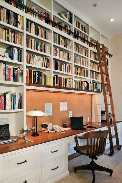 basement ideas - bookshelf Library With Computer Desk, Floor To Ceiling Bookshelves With Desk, Built In Library Wall With Desk, Desk In Bookshelf, Simple Home Library, Bookcase Desk Combo, Desk In Library, Library Office Room, Bookshelves And Desk