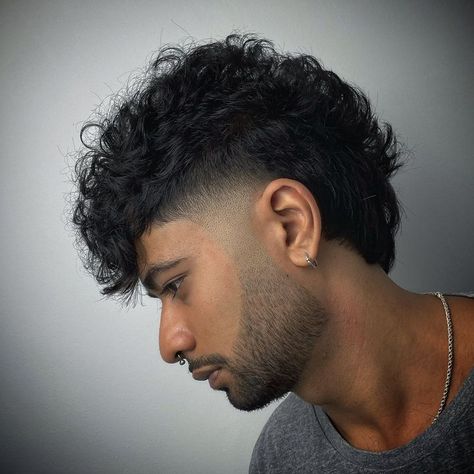 Curly Fohawk Haircut Men, Fohawk Haircut Fade Men, Fohawk Haircut Fade Curly, Curly Faux Hawk Men, Curly Fohawk Haircut, Curly Hair Mullet Boys, Taper Mullet Fade, Curly Mohawk Hairstyles Men, Short Curly Mullet Mens