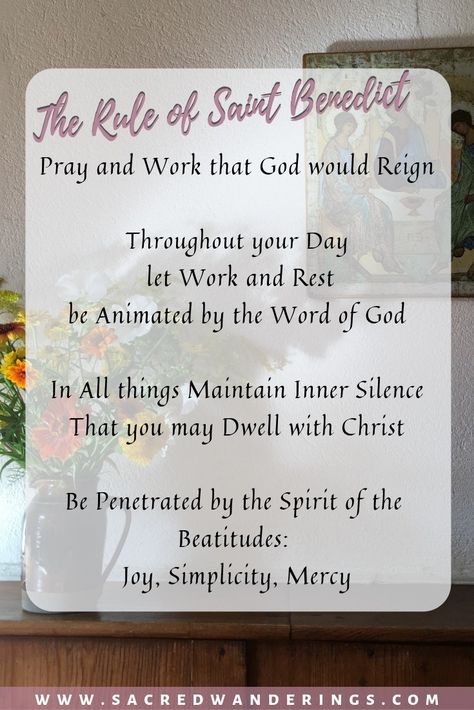 Spiritual Quote | The Rule of Saint Benedict as written by Brother Roger of Taizé. From the Monastic Community of Grandchamp in Switzerland. Long to live a monastic life? Live a more spiritual life? More intentional life? The Rule of Saint Benedict provides a Biblical guideline for living! From Sacred Wanderings ~ Connect to God, Yourself, and Others through Spiritual and Meaningful Travel! Connect To God, Rule Of Life, Rule Of St Benedict, Spiritual Travel, Monastic Life, Community Of Women, Christian Quote, Blessed Mother Mary, Saint Benedict